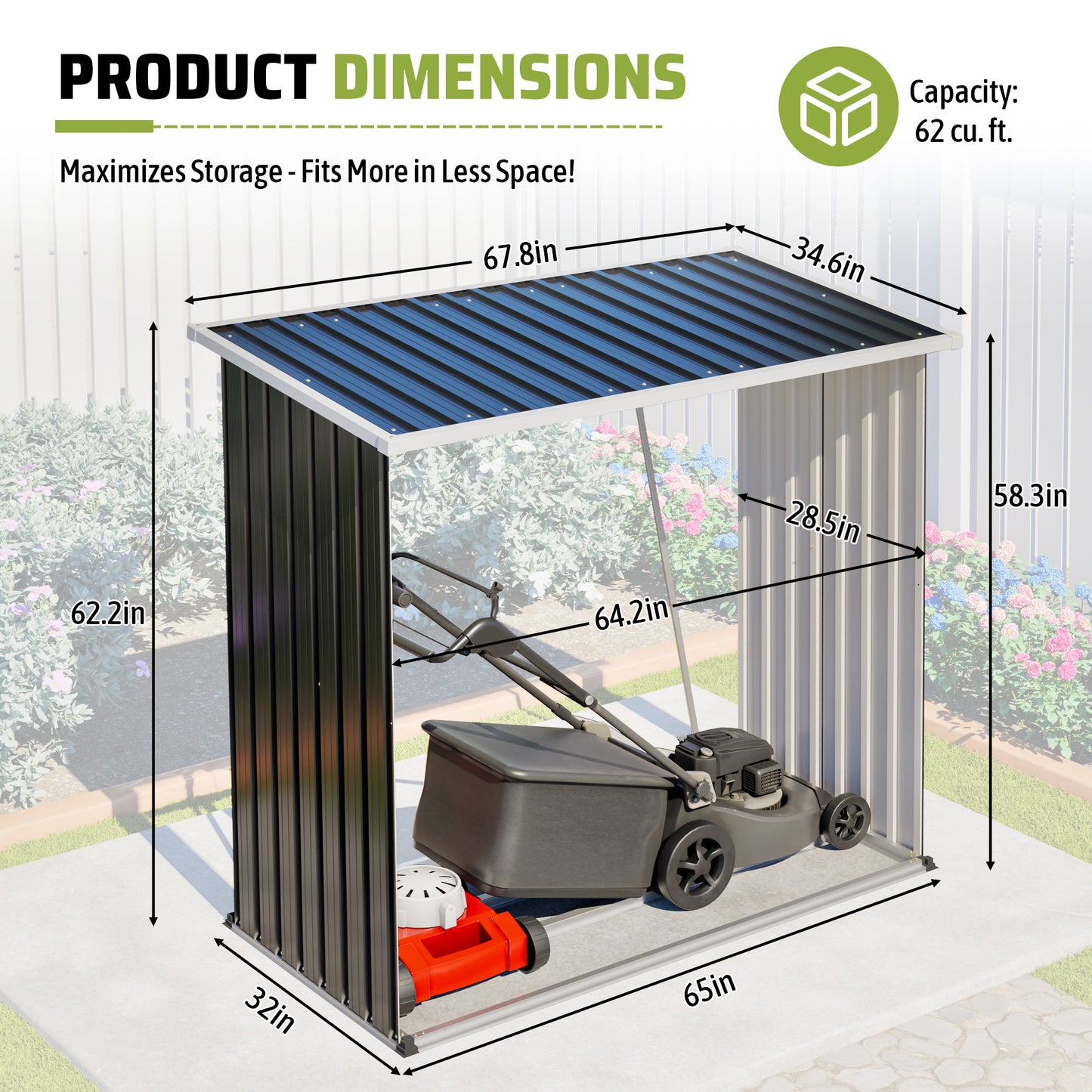 Outdoor Metal Storage Shed - 62 Cu. Ft. Weatherproof Organizer