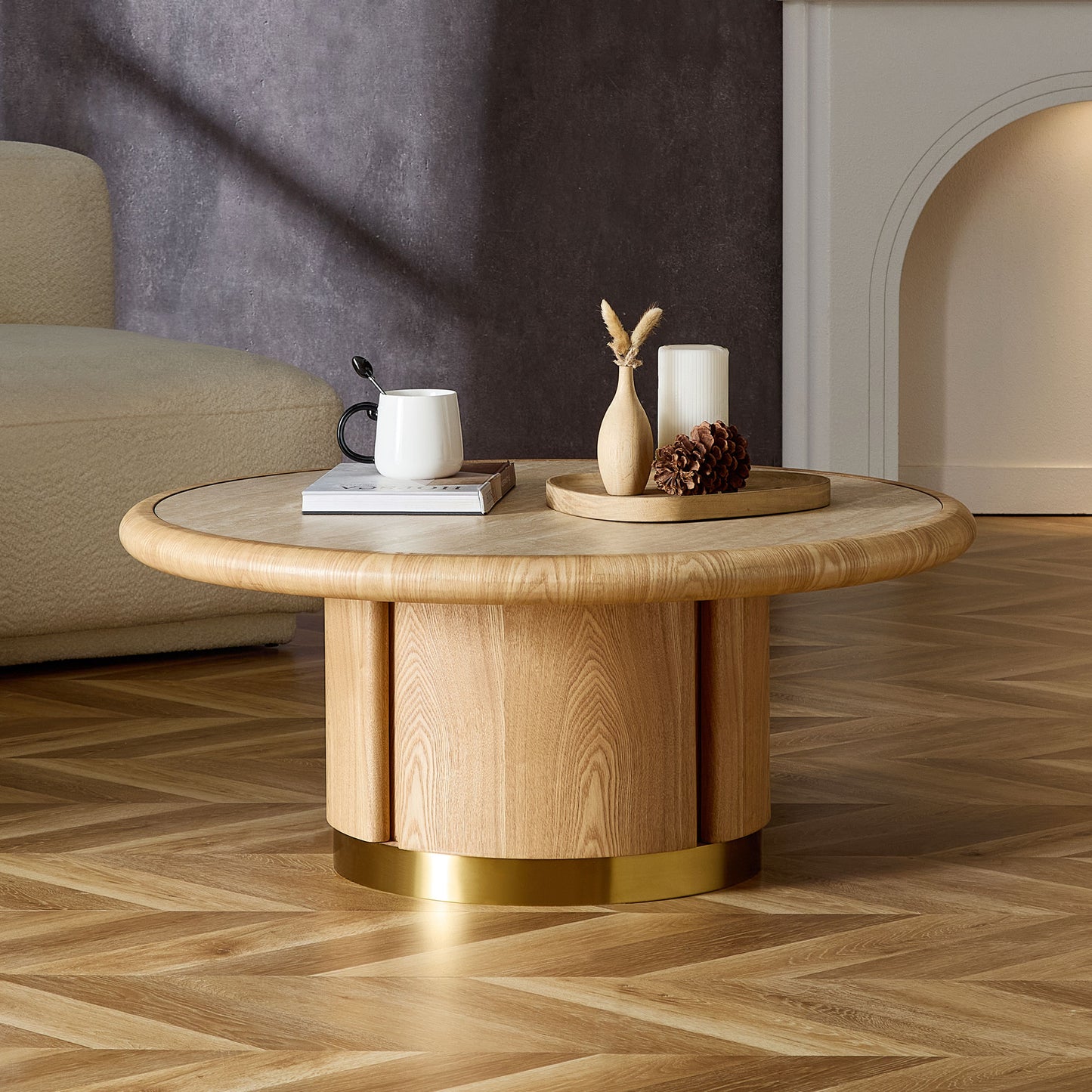 35.43-Inch Round Coffee Table with Sintered Stone Top - Natural