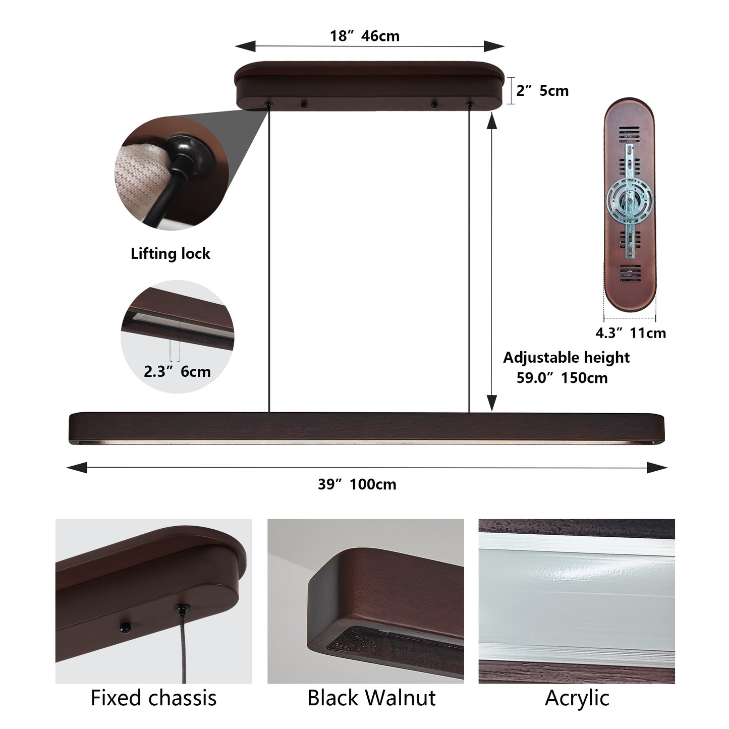 39-Inch Walnut Wood LED Pendant Light - Adjustable Modern Fixture
