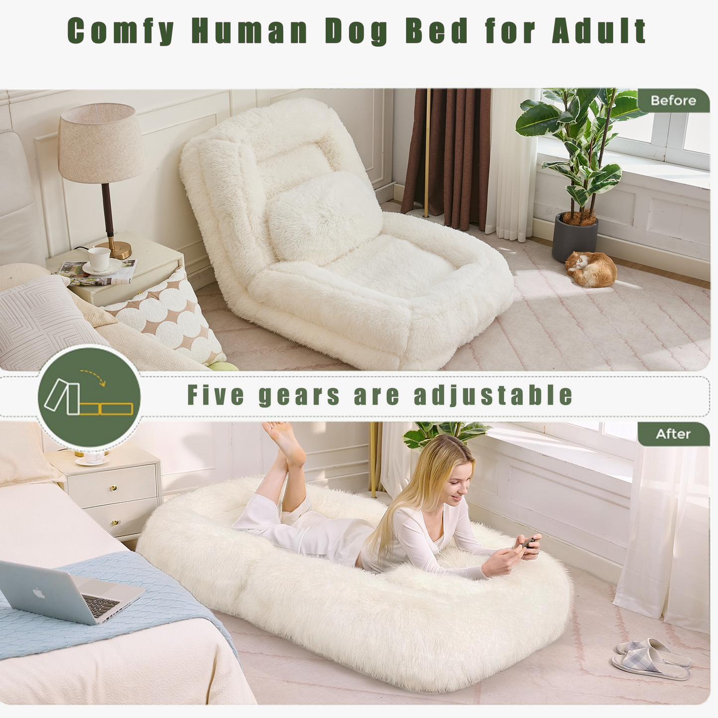 5-Position Adjustable Human Dog Bed & Lazy Sofa - Beige