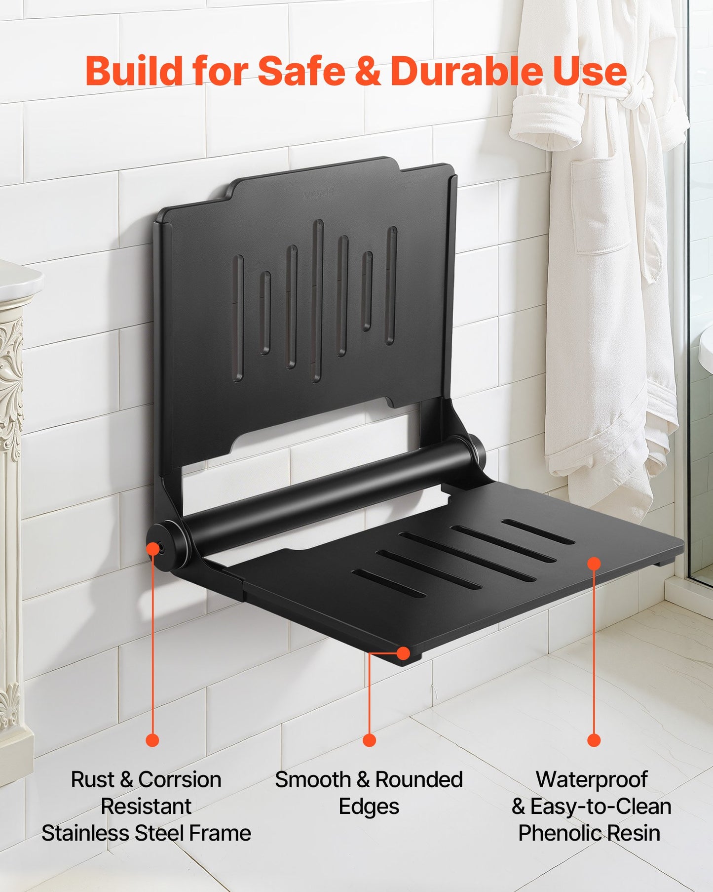 Foldable Wall-Mounted Shower Seat with Backrest – Supports 400 lbs, Space-Saving Bathroom Bench