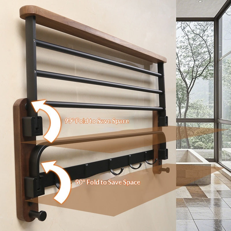 Double-Fold Walnut Towel Rack - Space Saving Bathroom Organizer