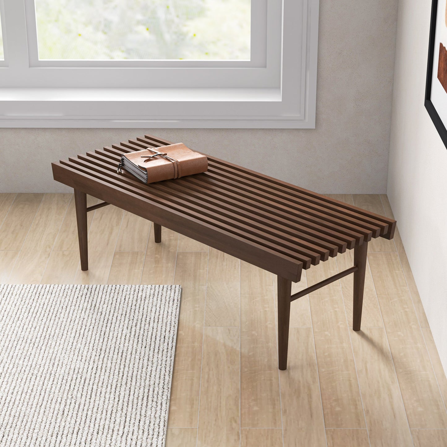 Mia Mid Century Modern Solid Wood Bench With Natural Walnut Stain