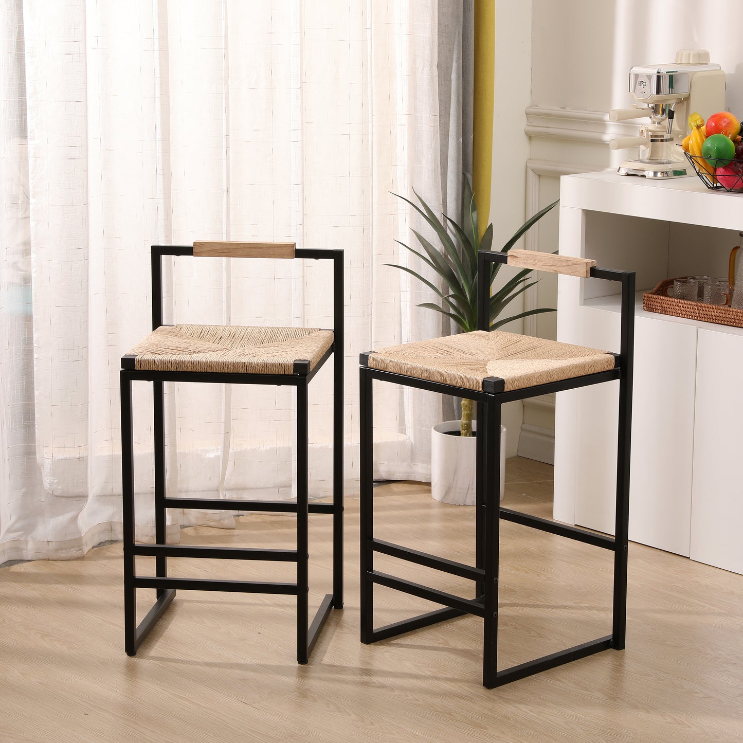 Set of 2 Counter Height Bar Stools with Back - Natural Paper Rope