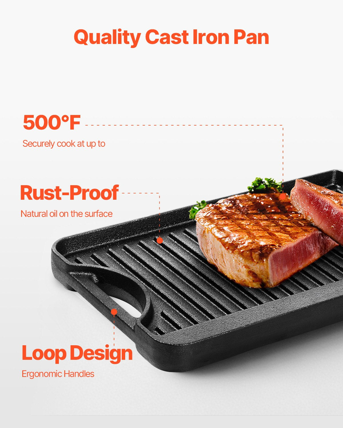 Reversible Cast Iron Griddle & Grill Pan - 14x8.5 Inch