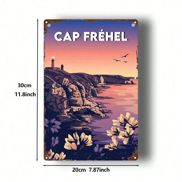 Vintage French Landscape Metal Sign - Cap Frehel Lighthouse