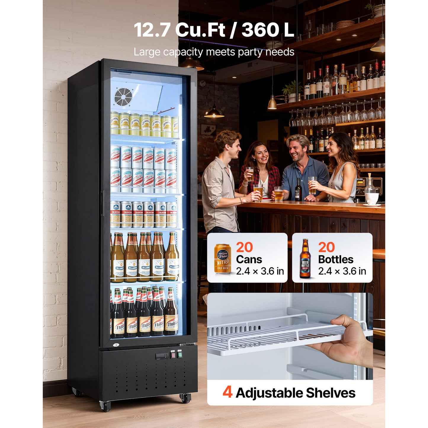 Commercial Glass Door Display Refrigerator 12.7 Cu.Ft Upright Beverage Cooler