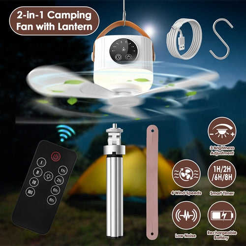Rechargeable Tent Ceiling Fan with Light & Remote, Tripod Stand, 4 Speeds