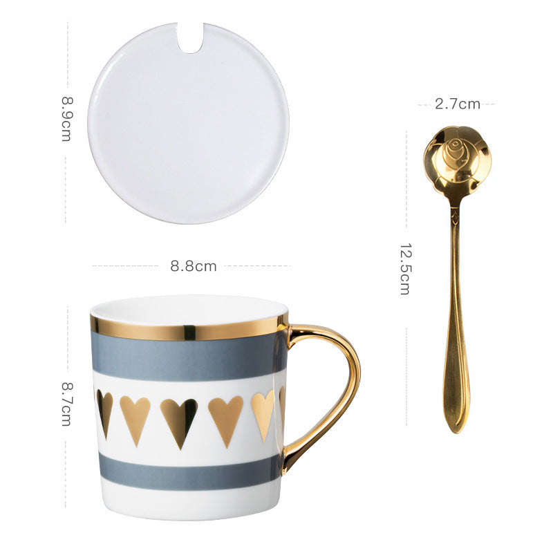 Luxury Coffee Mug with Lid and Spoon - Heart, LOVE, Star Style