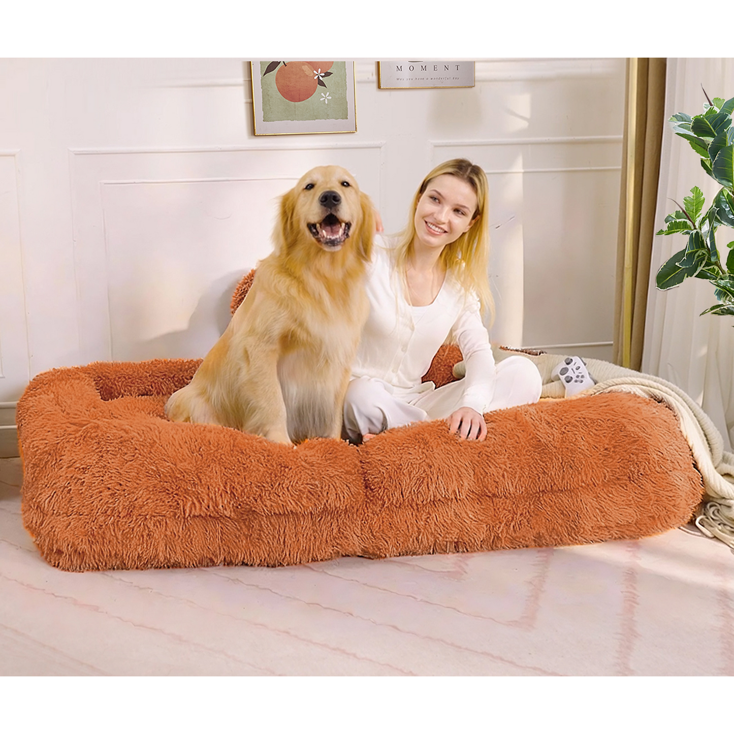 Adjustable Human Dog Bed & Lazy Sofa - Orange Plush Fabric