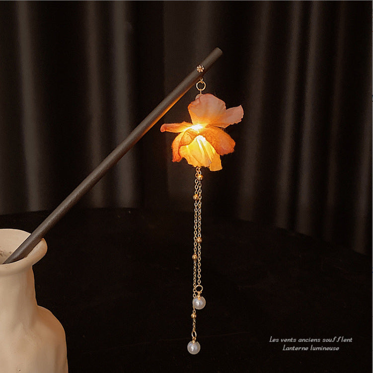 Ancient Style Tassel Hairpin with Glowing Lantern and Silk Flowers - Hair Accessory