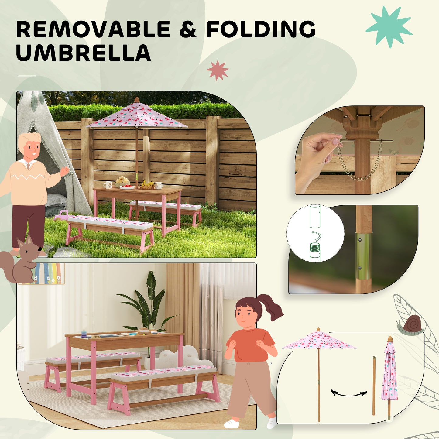 Kids Picnic Table Set with Umbrella & Removable Cushions - Pink Flamingo