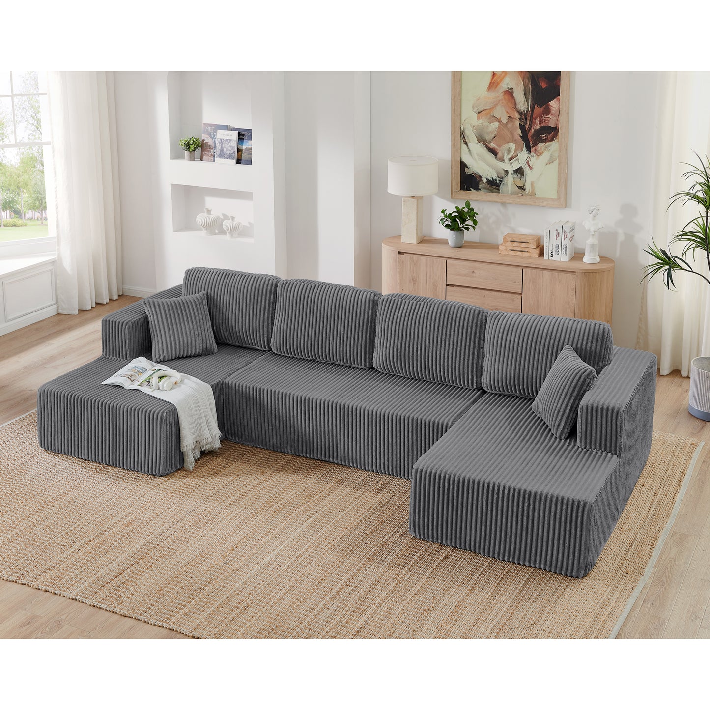Modular U Shape Sectional Sofa - Compressed Corduroy Couch in Grey