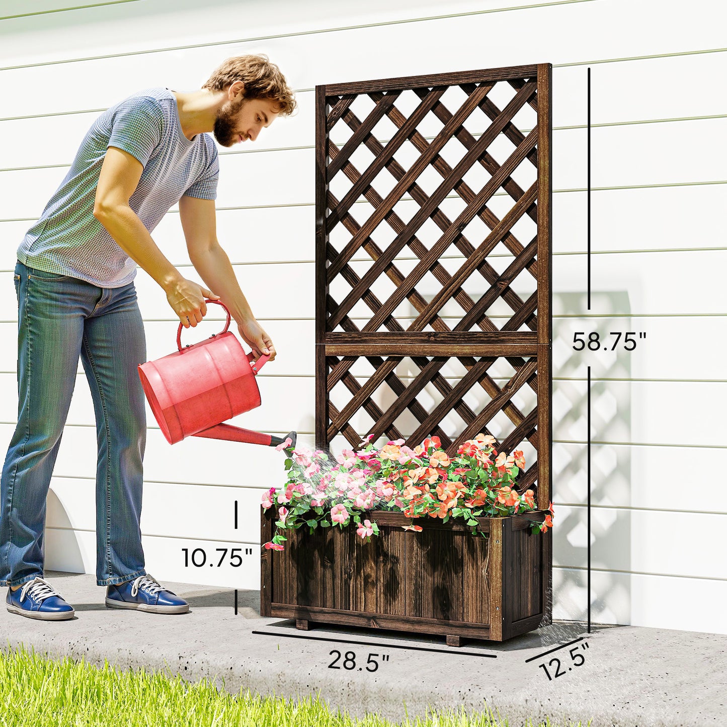 Wooden Raised Garden Bed Planter Box with Trellis and Drain Holes - Brown, 820x820x85 mm