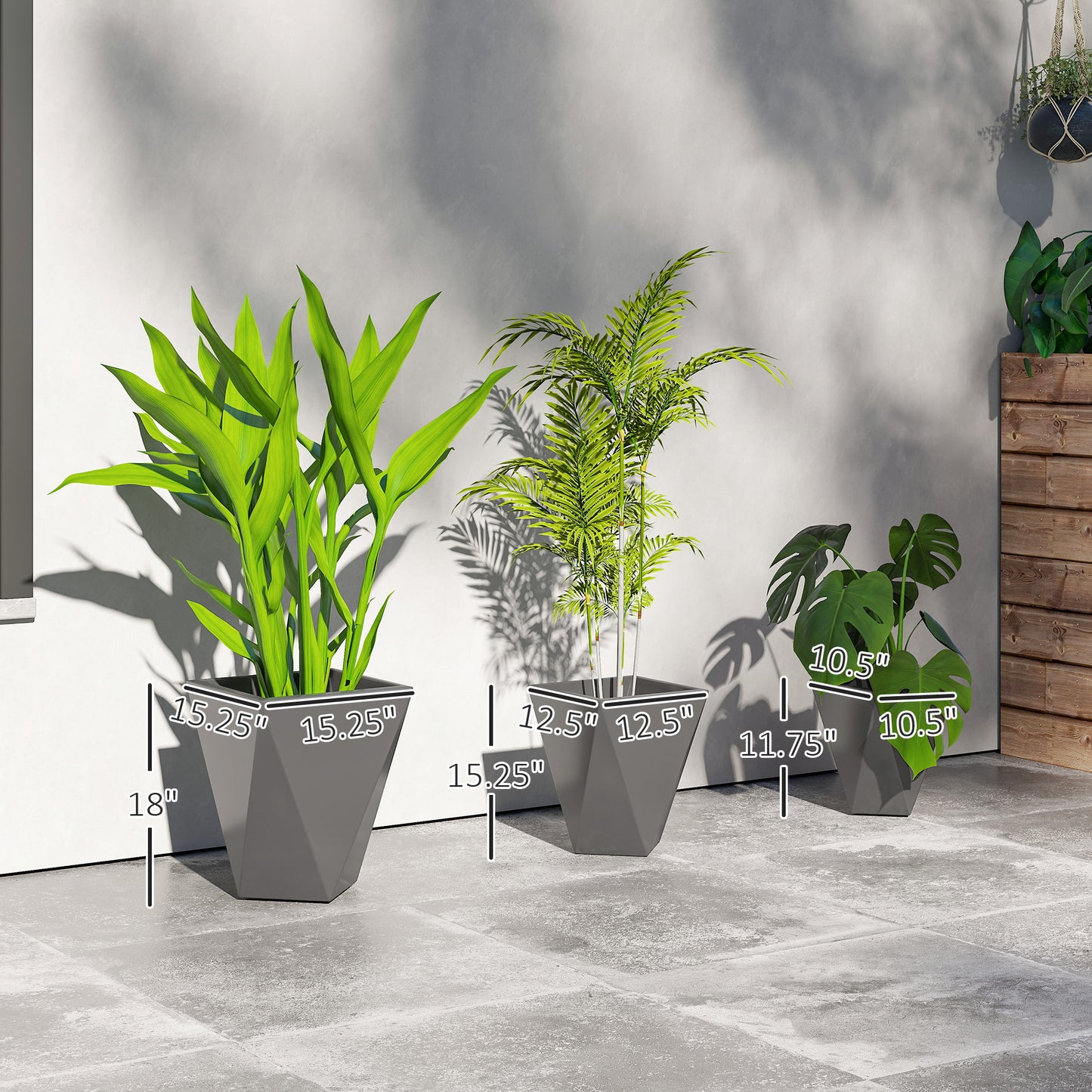Stackable Garden Planters Set of 3 Tall Magnesium Oxide Pots with Drainage Holes - Gray