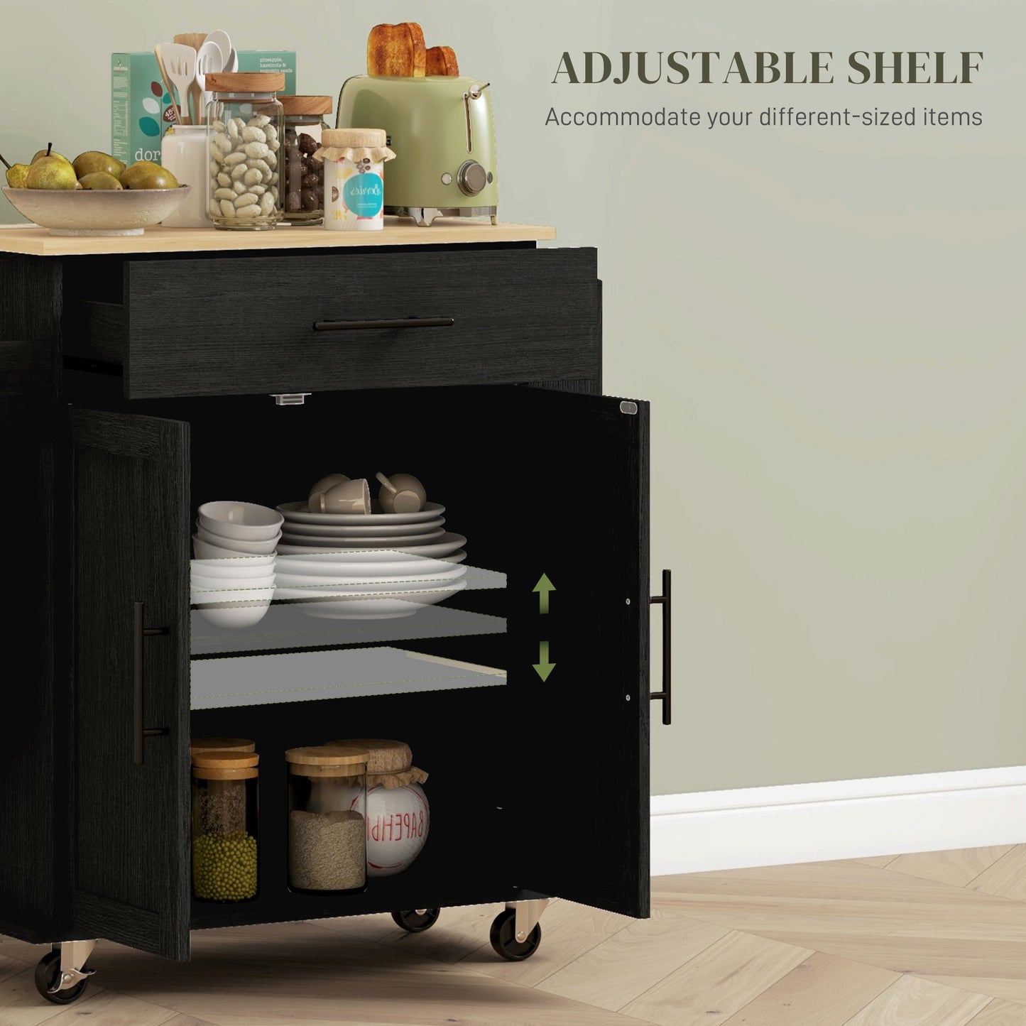 Rolling Kitchen Island Cart with Power Outlets & Storage - Black