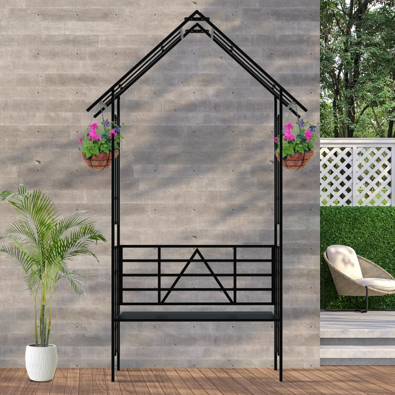 Metal Garden Arch with Convertible Bench and Flower Rack Support - Outdoor Black