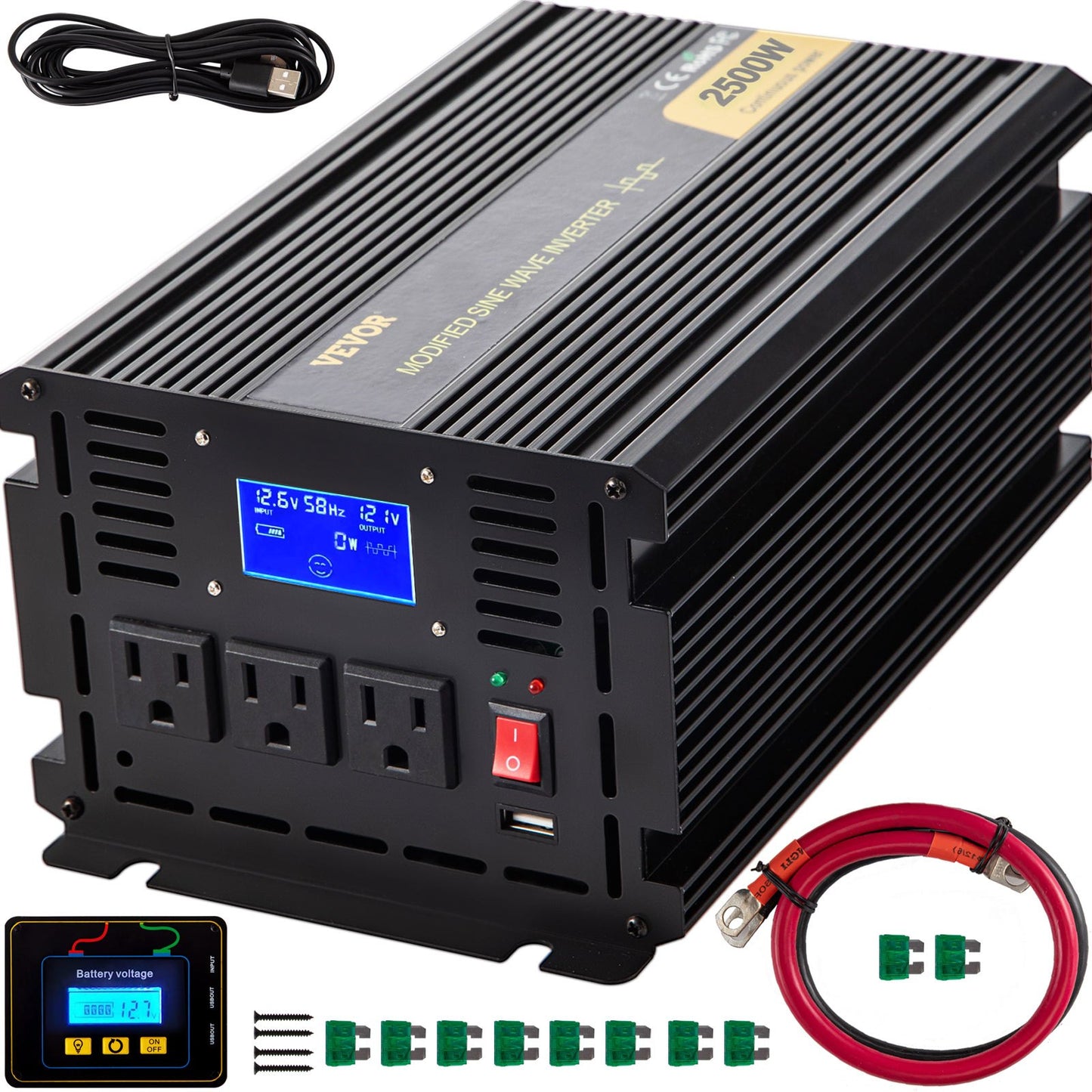 2500W Modified Sine Wave Power Inverter DC 12V to AC 120V with LCD Remote Car RV Boat Camping