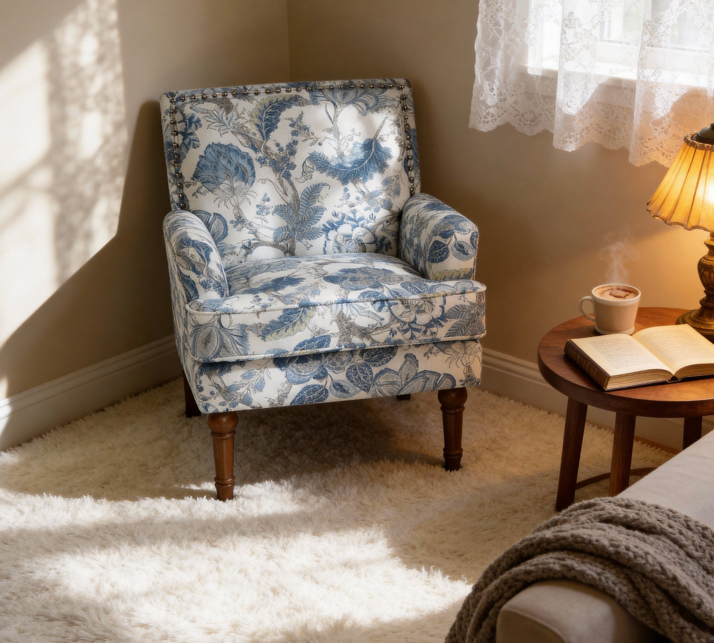 Floral Accent Chair with Nailhead Trim - Blue & White