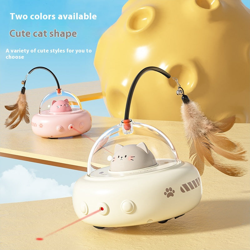 Electric UFO Cat Teaser Toy with Bell & Replaceable Feathers, USB Rechargeable Pet Chase Toy
