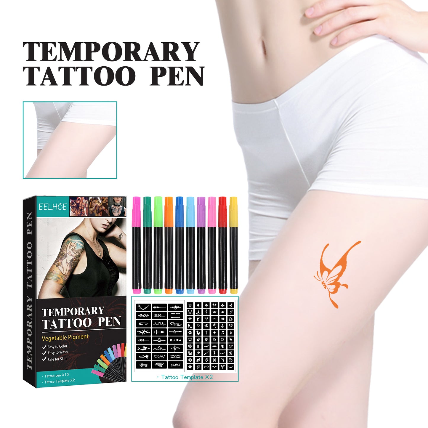 Temporary Tattoo Pen and Stencil Set for Skin Art DIY