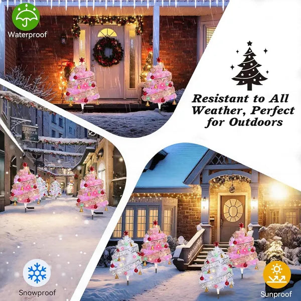 Prelit Pathway Christmas Trees Set of 4 - 33.86" Solar Xmas Decor
