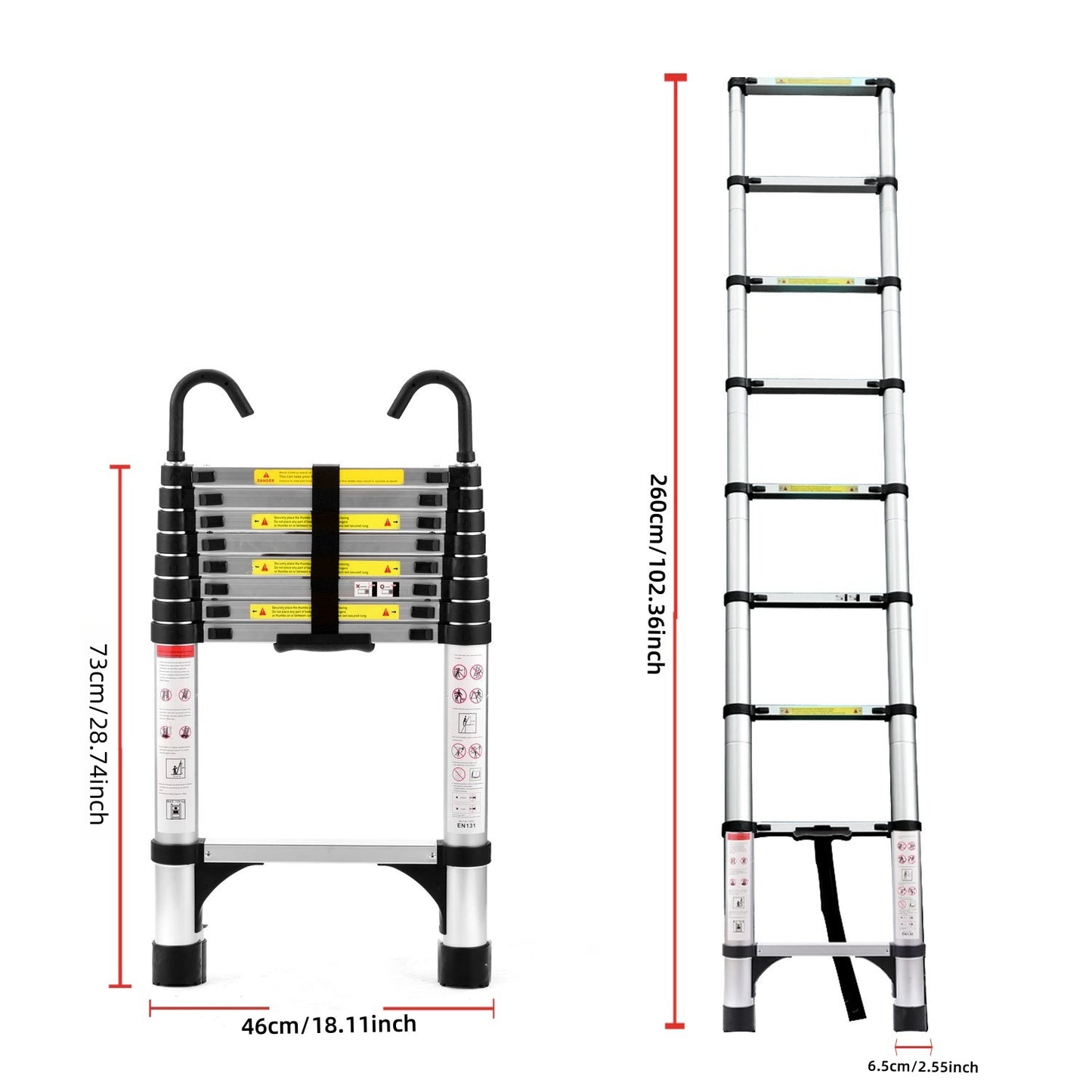 8.5FT Telescopic Ladder - Aluminum Folding Ladder with Hooks