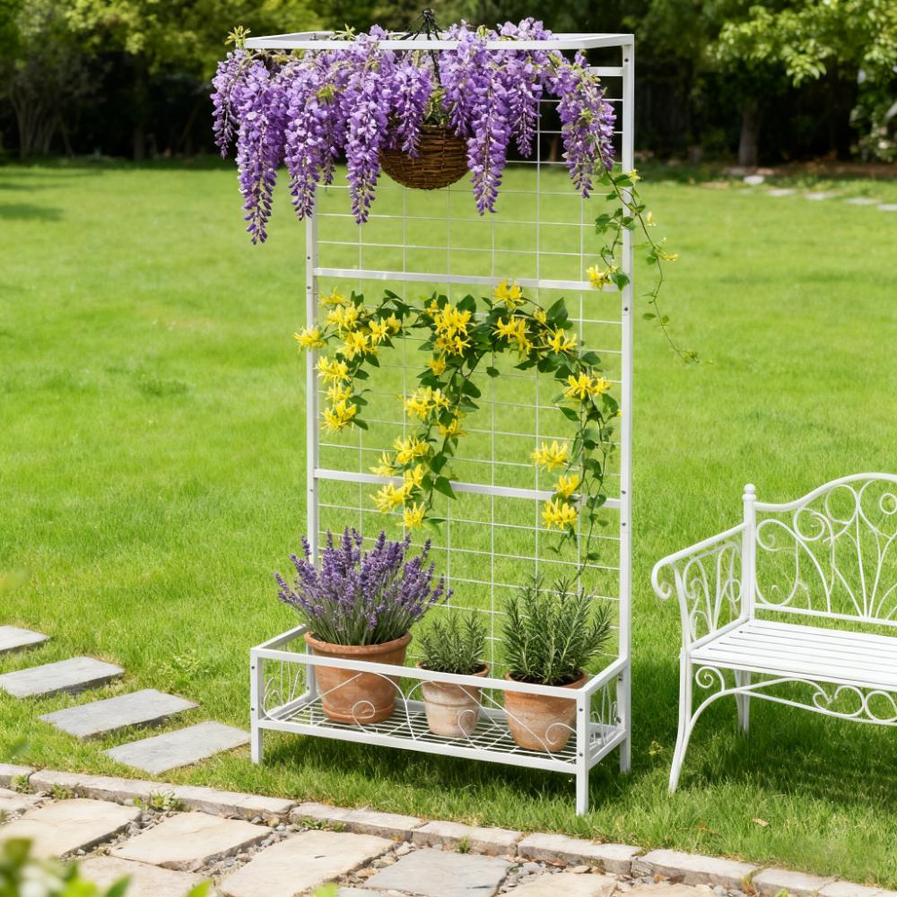 Metal Tall Plant Stand with Trellis - 74" White Garden Holder