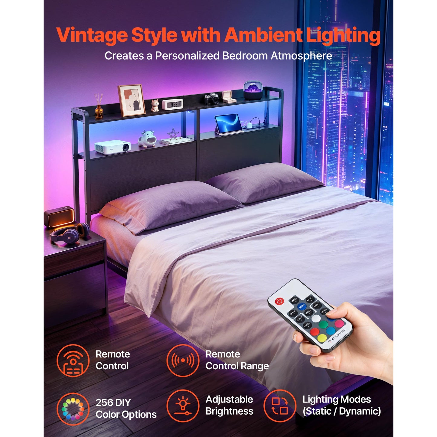Queen Size Bed Headboard with LED Light & Charging Station, Storage Shelves, Adjustable Height, Black