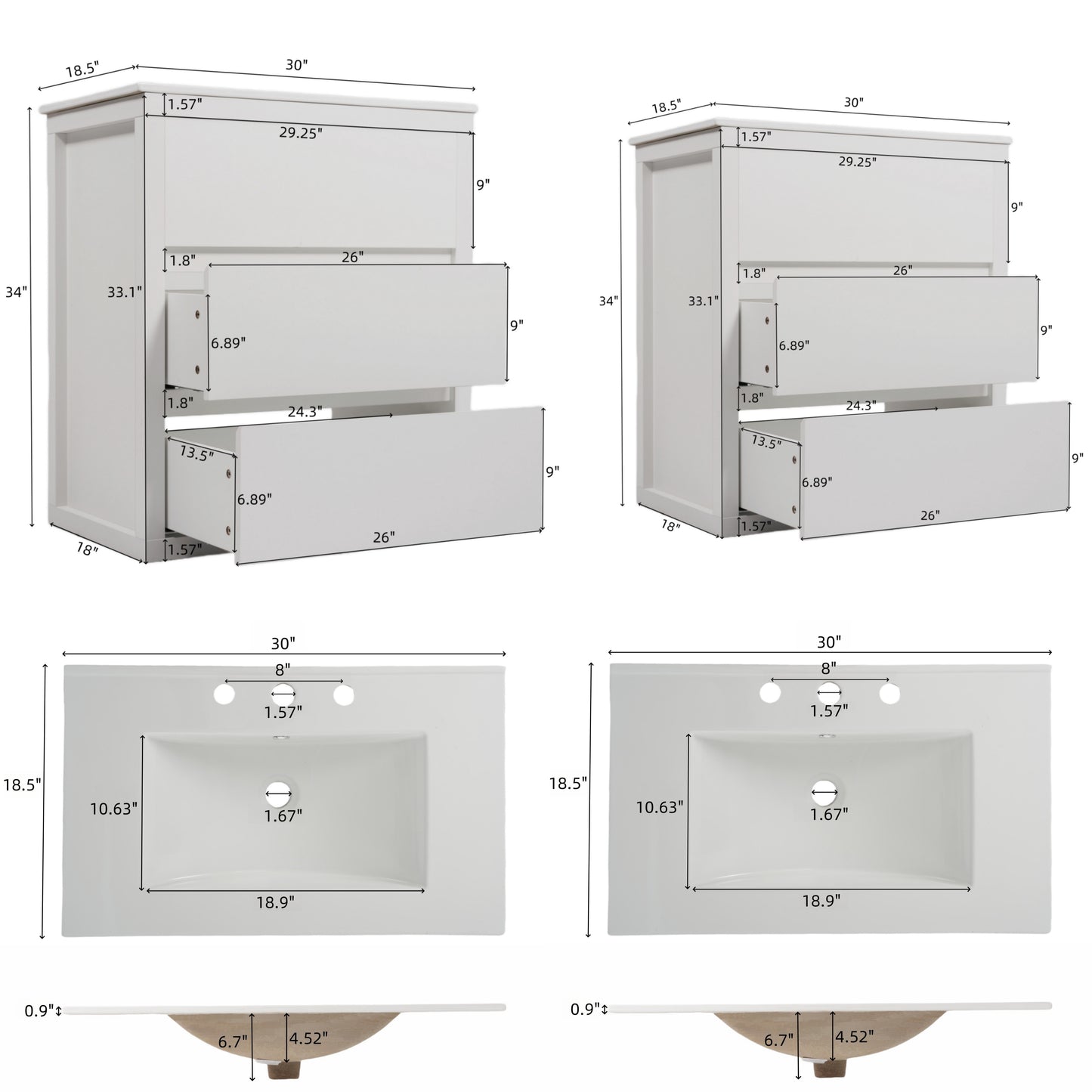 60" Double Sink Bathroom Vanity Set with Ceramic Sinks - White