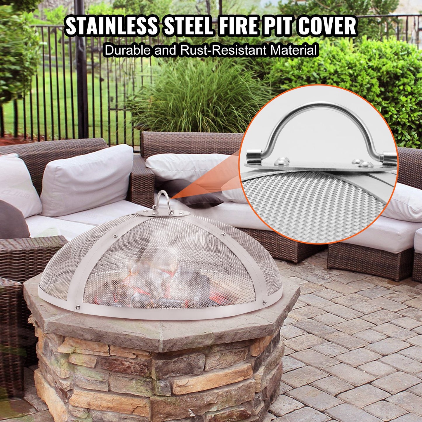 Heavy Duty Round Fire Pit Cover 20 Inch Steel Mesh Screen with Handles