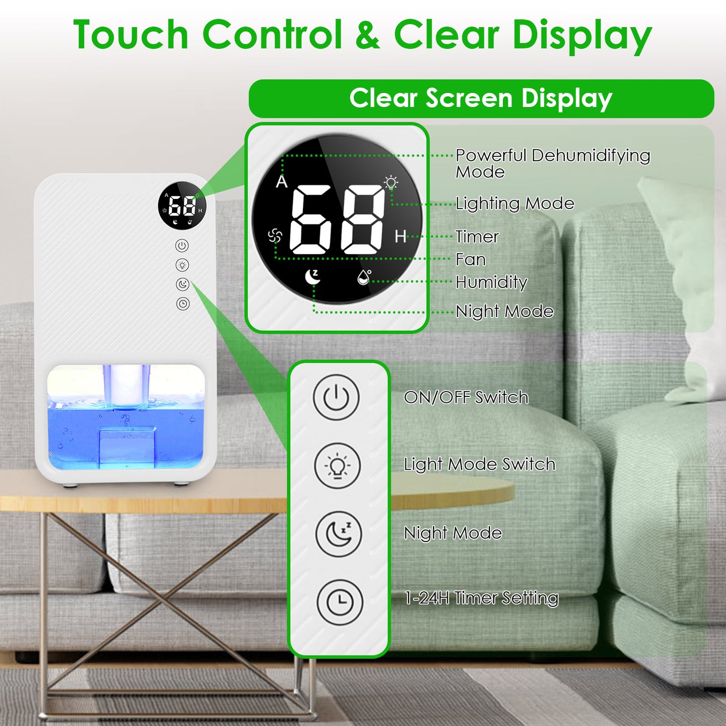 Portable Dehumidifier 37OZ with Sleep Mode, 7-Color Night Light, Timer for Home Bathroom Basement