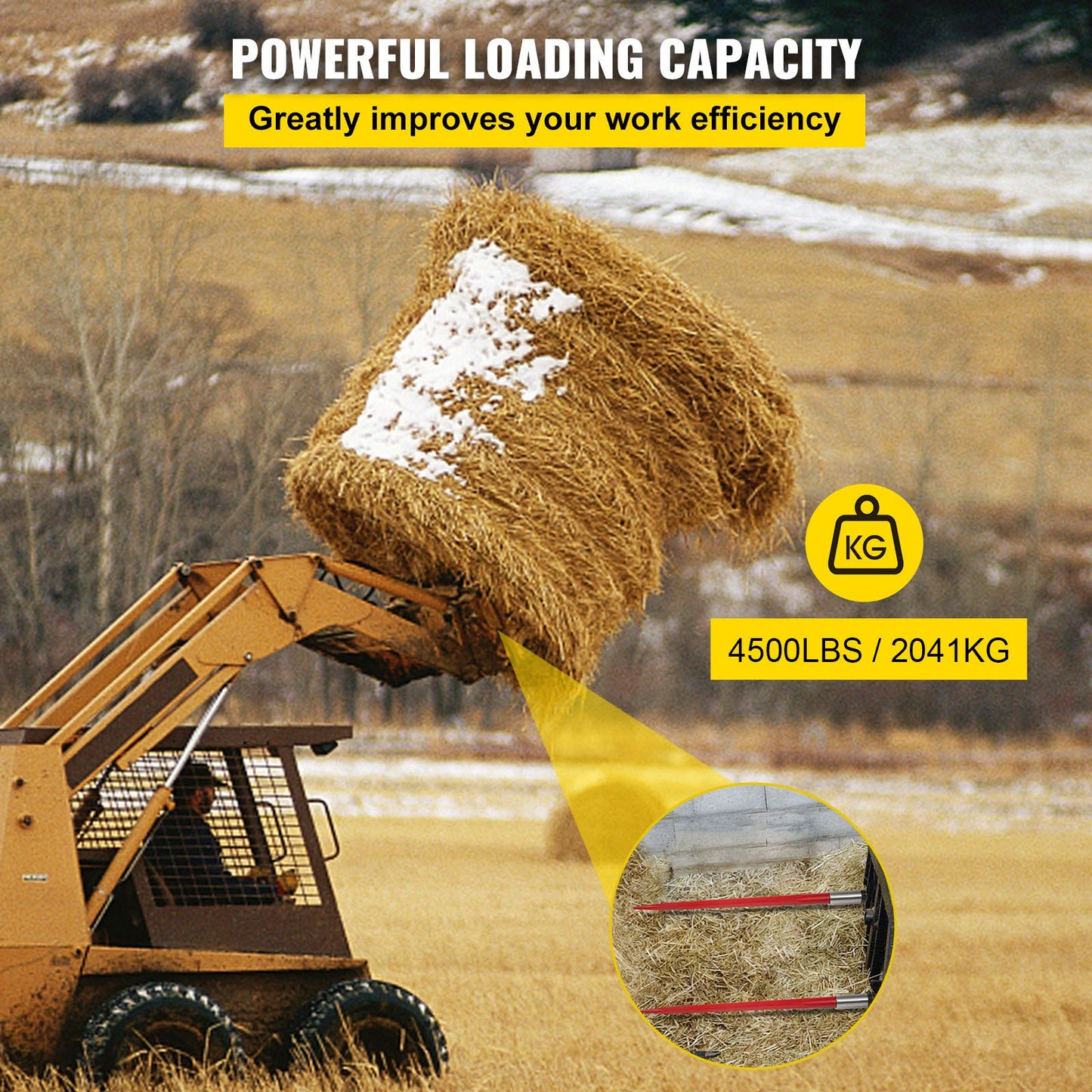 49-Inch Bale Spear for Tractors & Loaders - Heavy Duty Hay Fork, Red