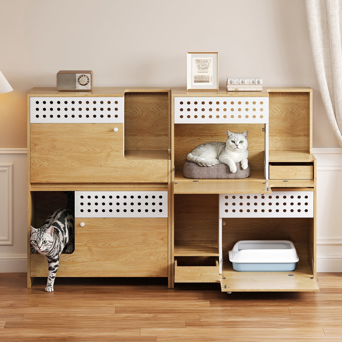 2-Piece Modern 2 IN 1 Cat Furniture Set, Litter Box Enclosure Side