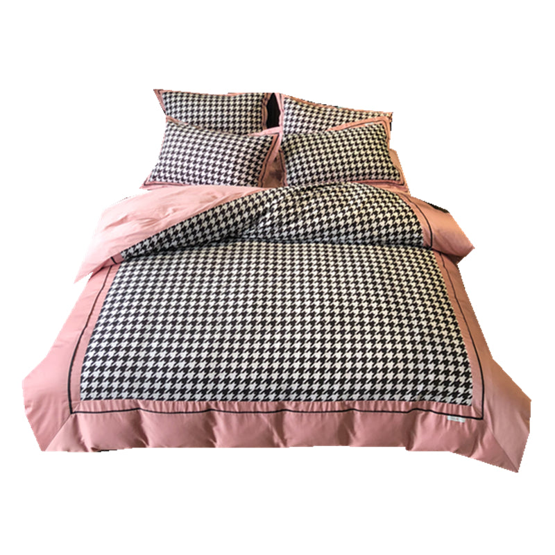 Princess Style Cotton Velvet Bedding Set - 4 Pieces, Pink Houndstooth, Multiple Sizes