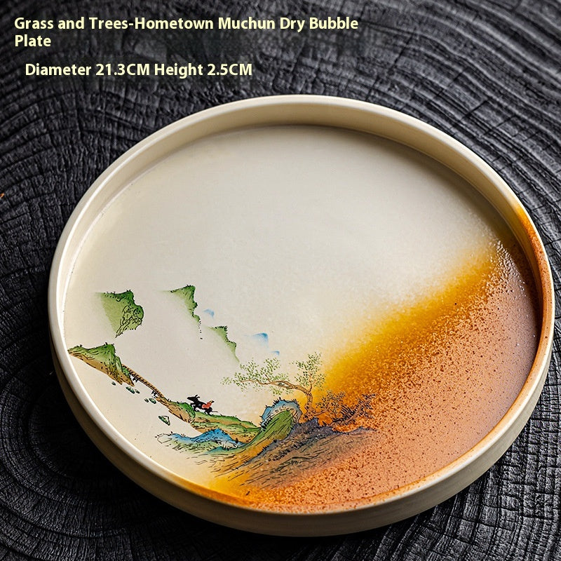 Japanese Style Ceramic Tea Saucer with Bamboo Tray - Round Household Tea Holder