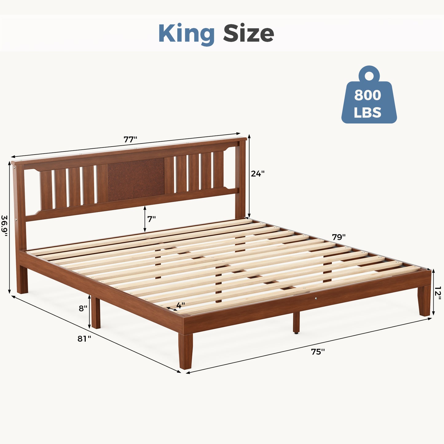 Sturdy Solid Wooden Bed Frame with Headboard - Multiple Sizes