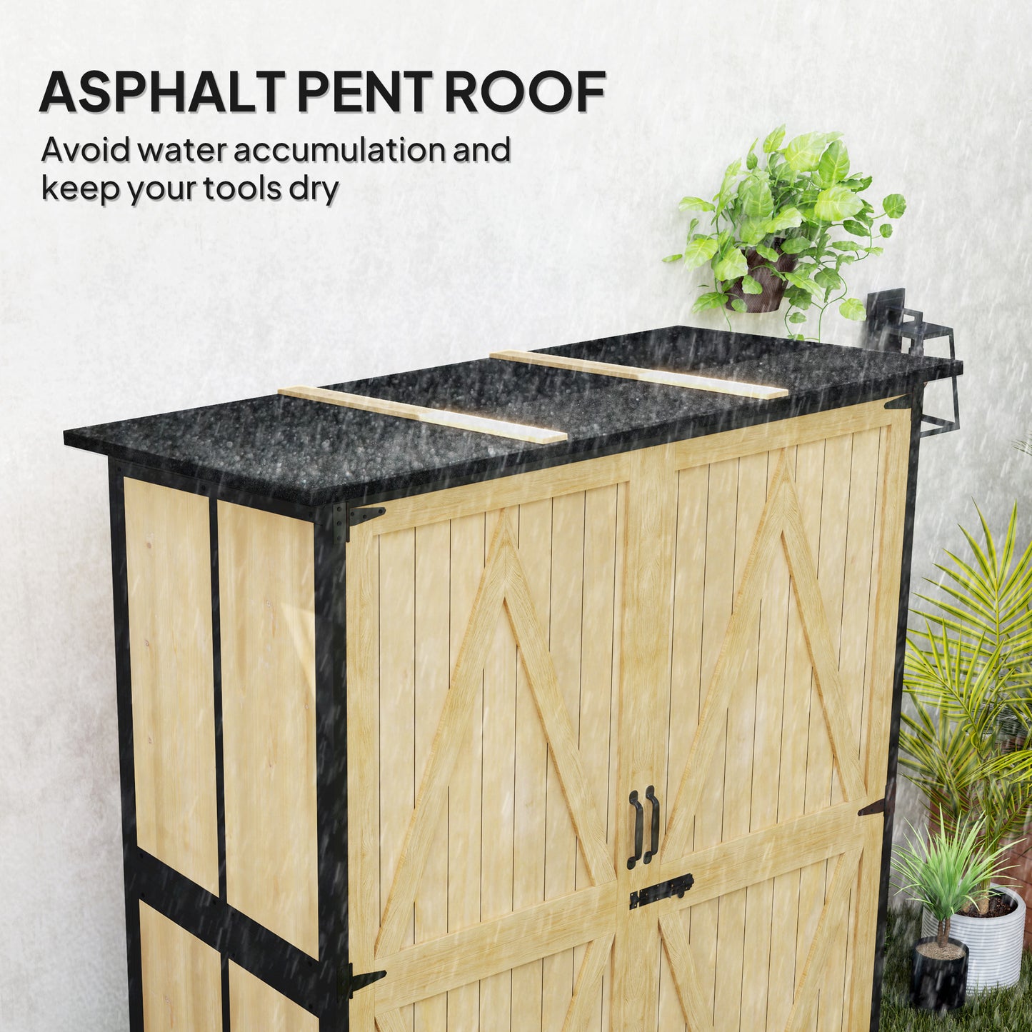 Wood Storage Shed, Outdoor Garden Shed With Asphalt Roof, 2 Shelves,