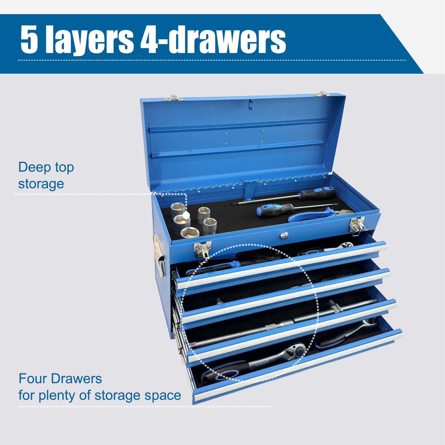 Heavy Duty Metal Tool Box 21-Inch with 4 Drawers, Locking, EVA Liners, Portable Steel Storage Chest - Blue