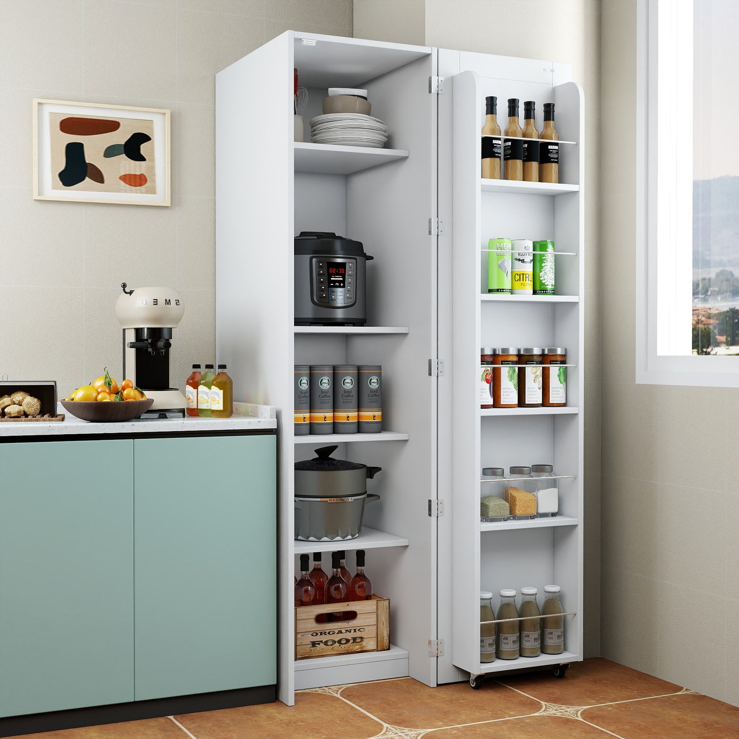 White Kitchen Pantry Cabinet - Freestanding Buffet Sideboard with Doors & Shelves
