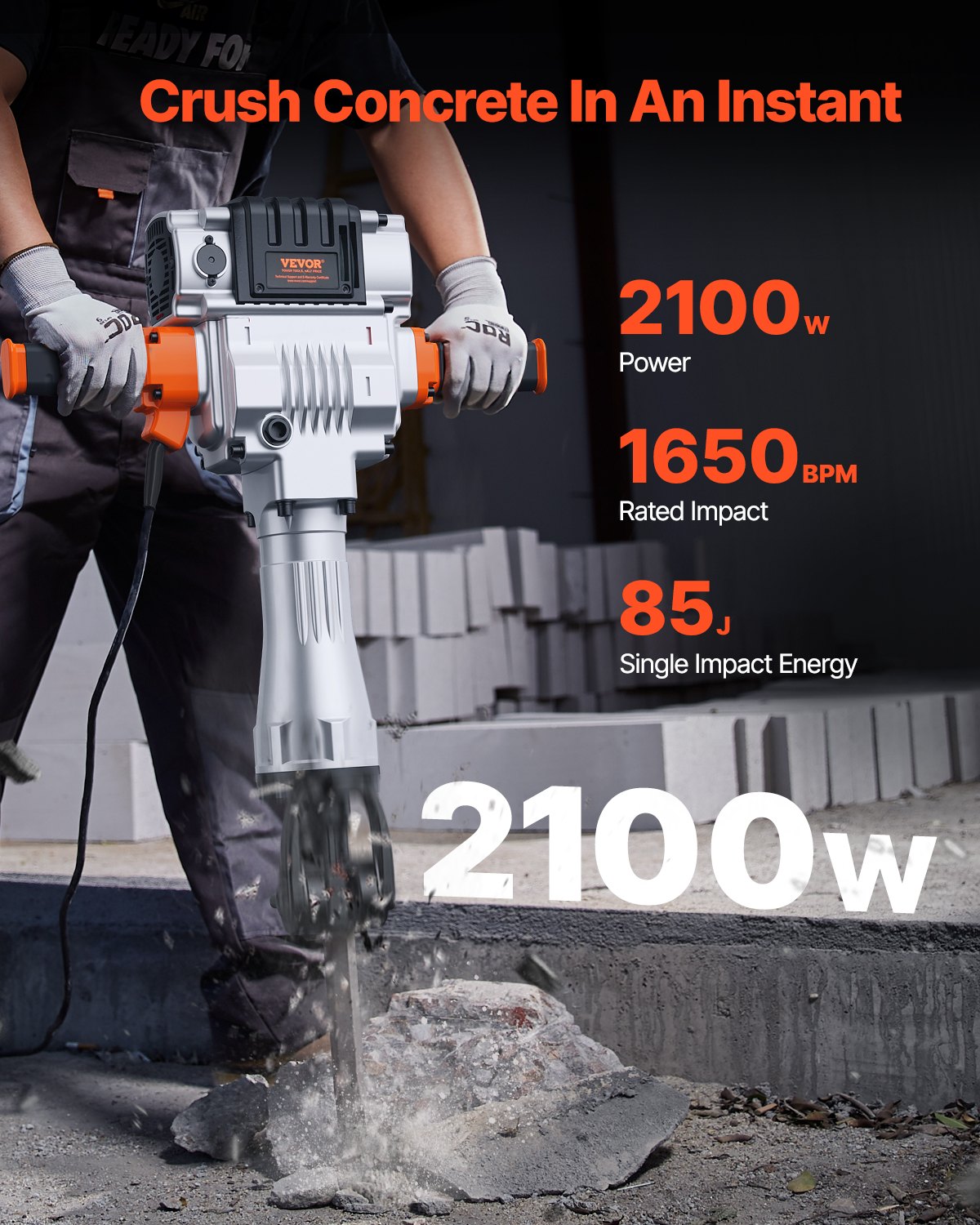 2100W Electric Demolition Jack Hammer Concrete Breaker with 2 Chisels - Orange