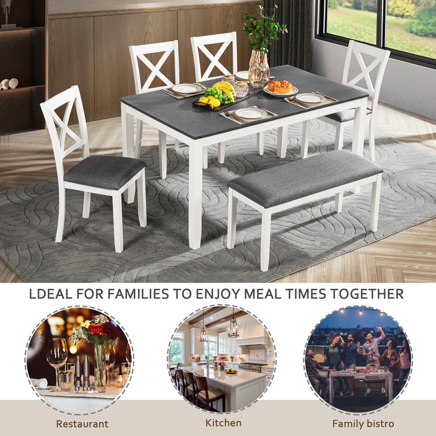 Modern 6-Piece Dining Table Set with Bench - Grey & White