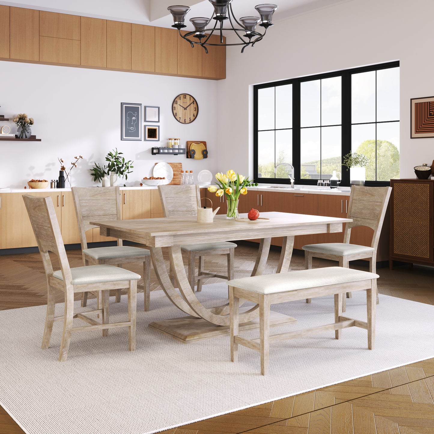 6-Piece Modern Wood Dining Table Set with Bench & Chairs - Seadrift