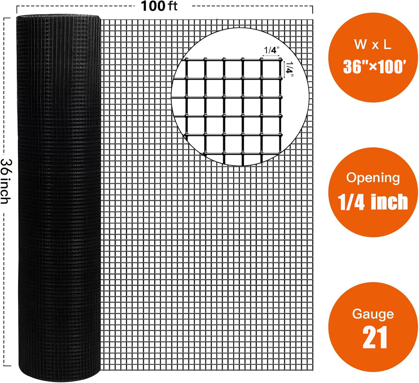 36 Inchx100 Ft Black Vinyl Coated Hardware Cloth, 21 Gauge 1 4 Inch