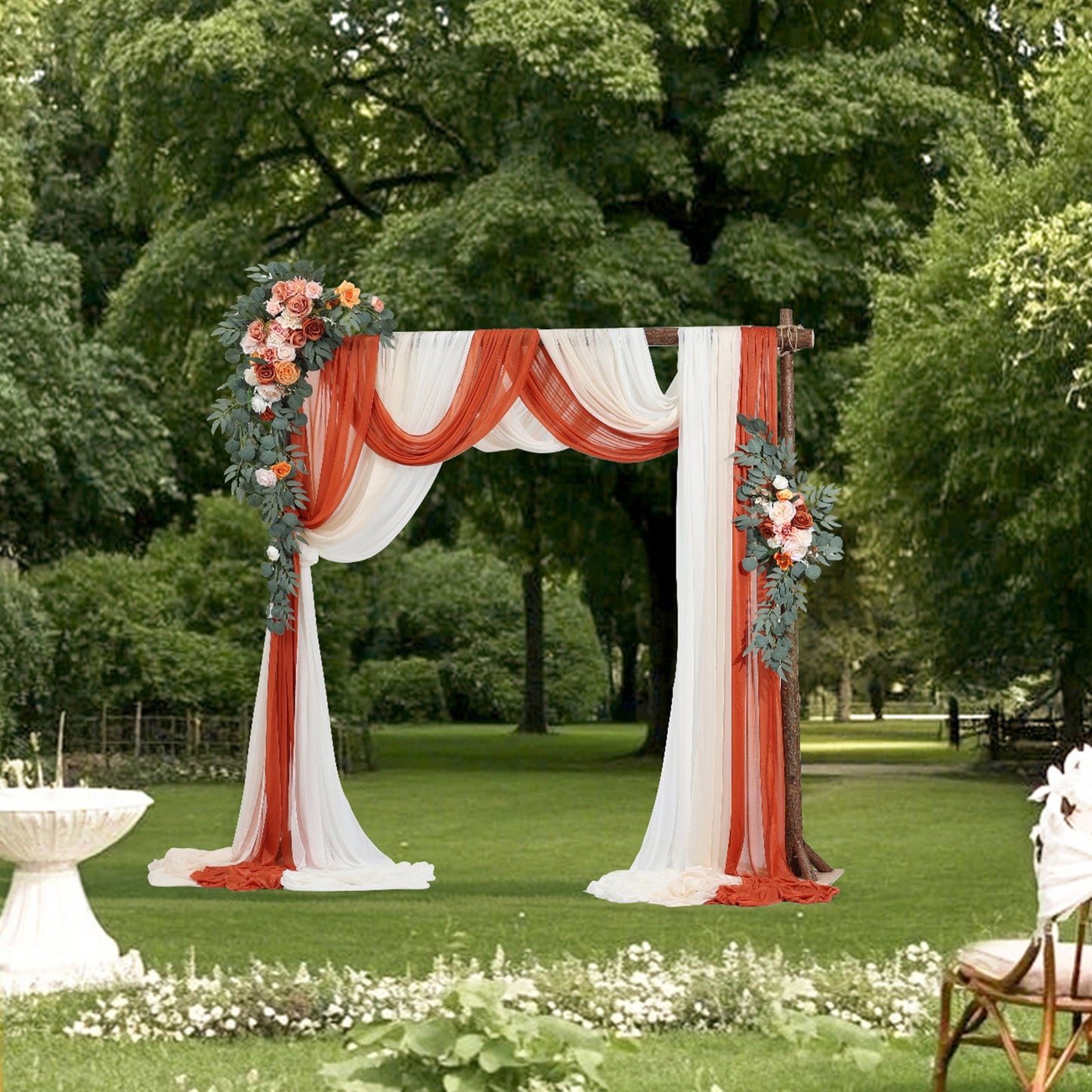 Artificial Wedding Arch Flowers Kit with 33ft Draping Fabric - Orange, Pack of 5
