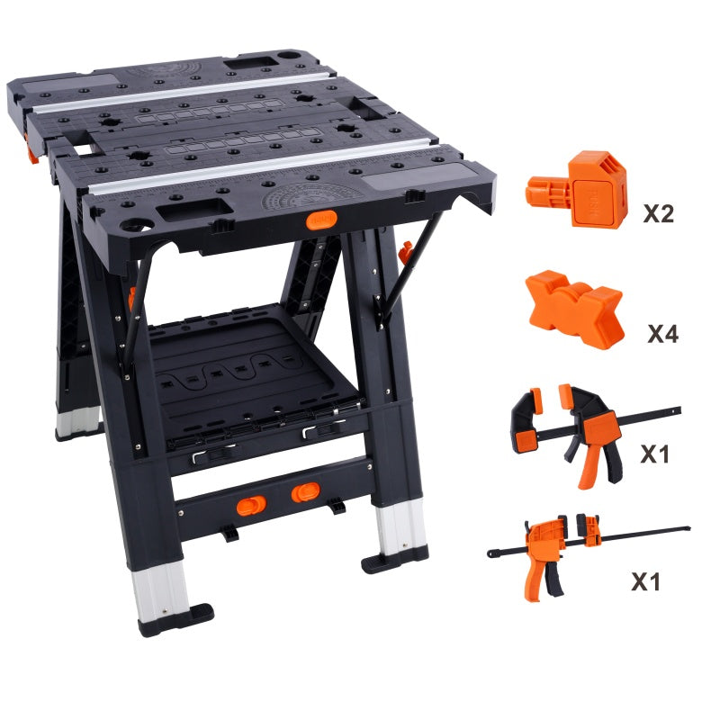 Heavy-Duty Portable Folding Workbench with Clamps - Adjustable Garage Sawhorse