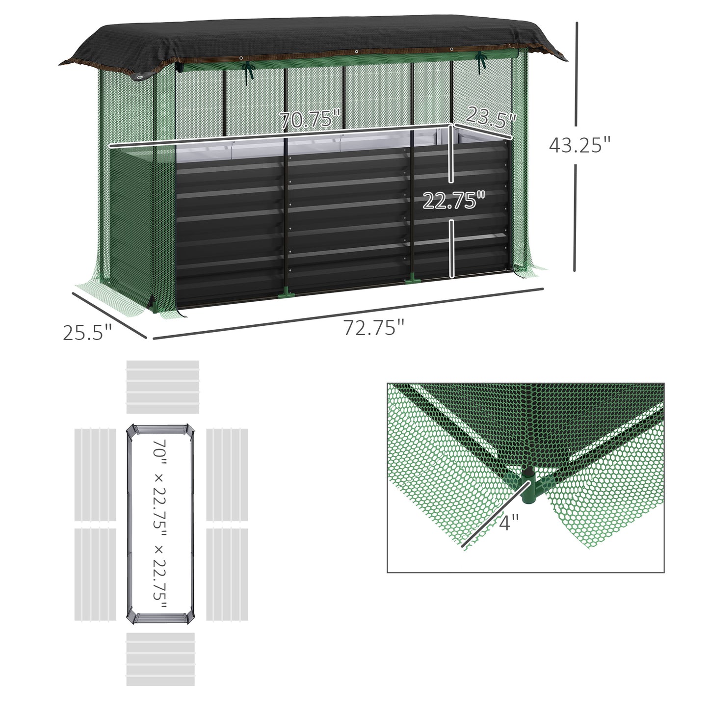 Galvanized Steel Raised Garden Bed with Crop Cage and Shade Cloth - Dark Gray, 695x355x185 mm