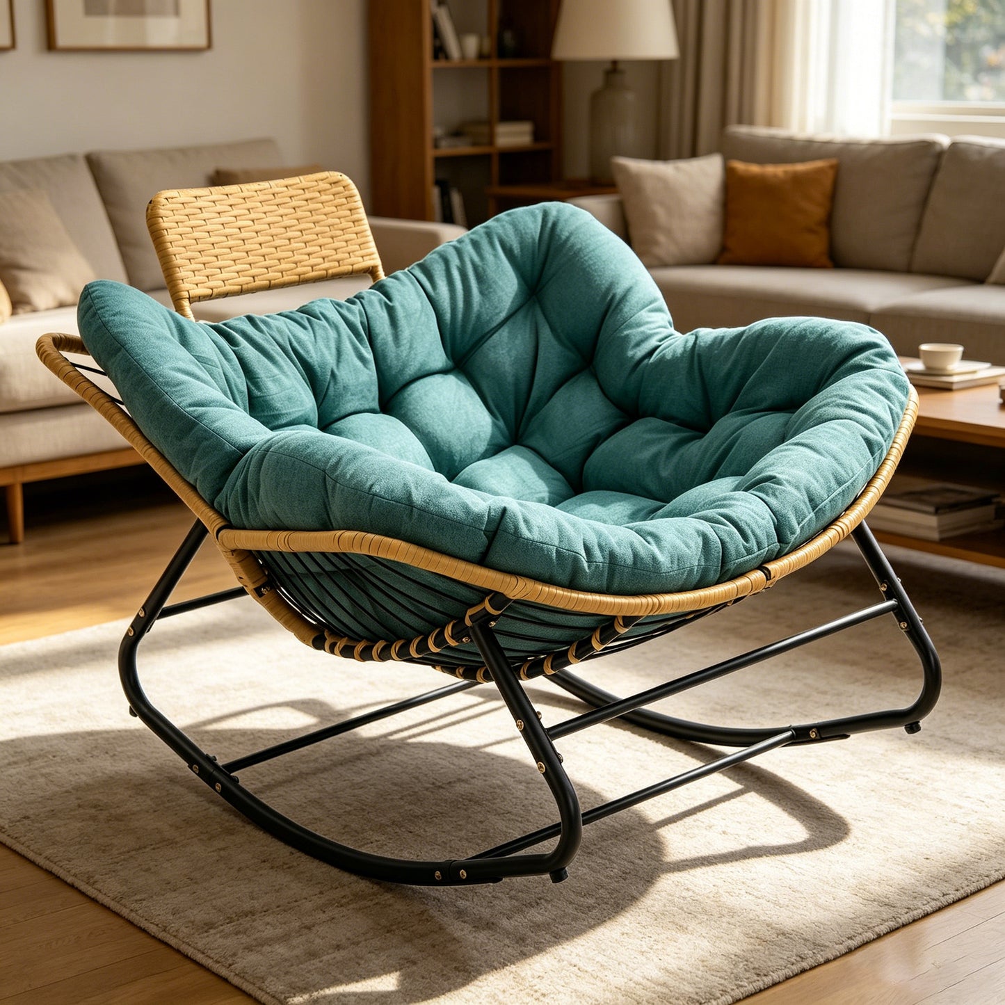 Oversized Green Papasan Rocking Chair with Thick Cushion