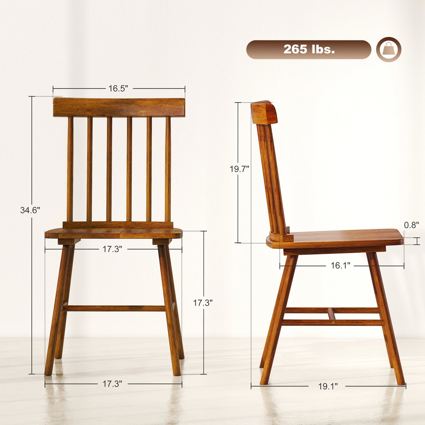 Set of 2 Farmhouse Dining Chairs - Light Brown Wooden Spindle Back