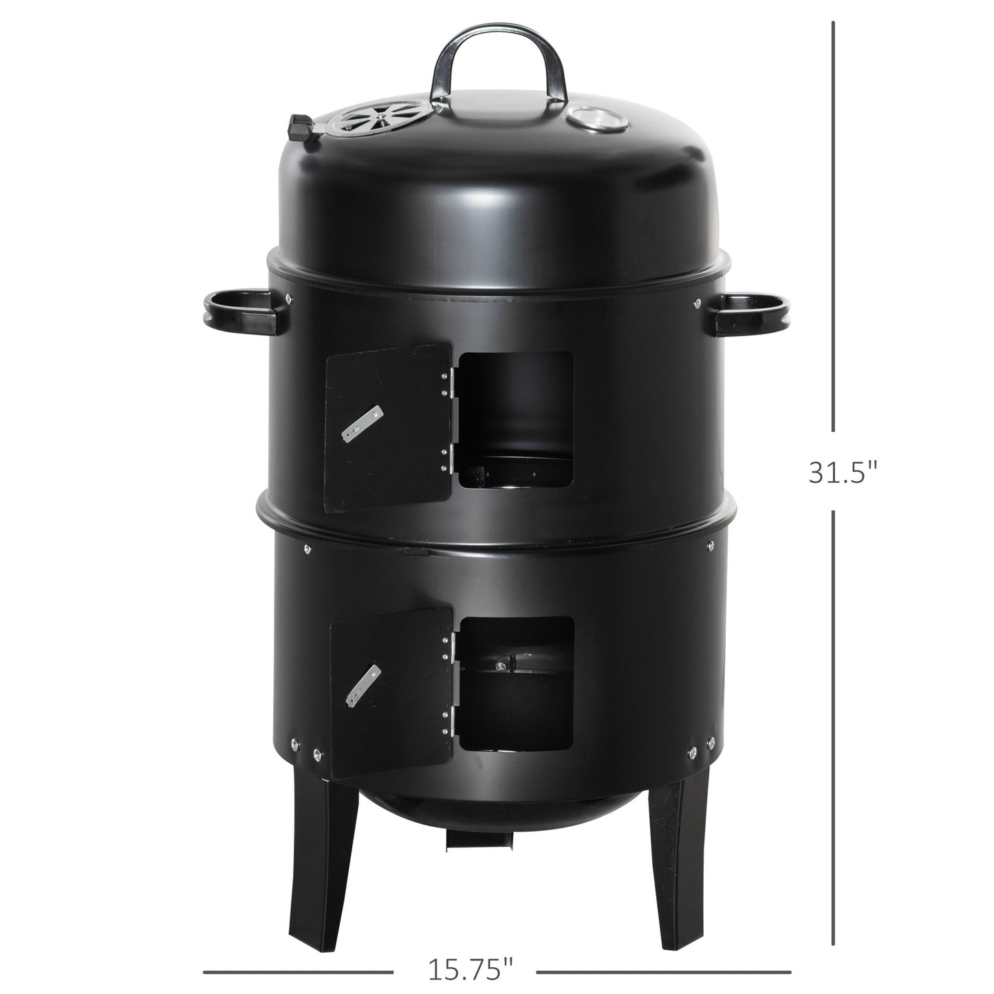 3-in-1 Vertical Charcoal BBQ Smoker Grill with Thermometer